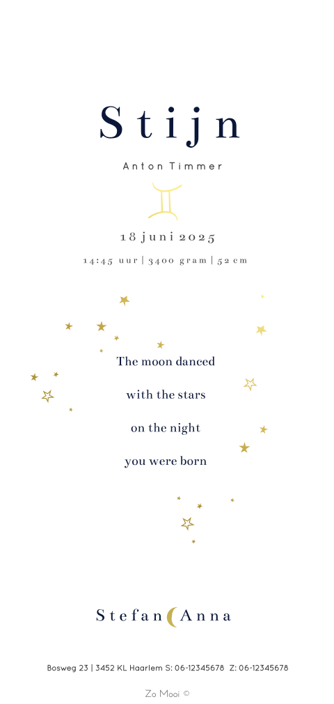 Geboortekaartje jongen maanfase stoer donkerblauw sterrenbeeld goud