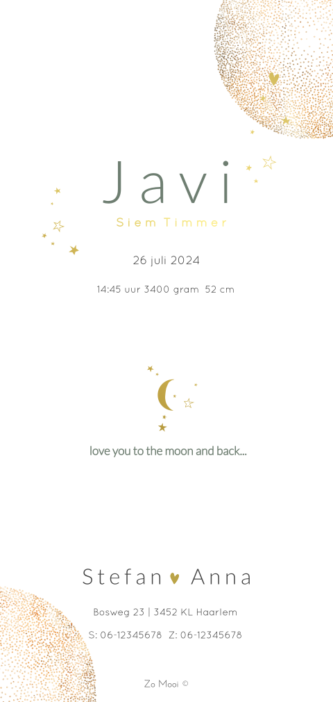 Geboortekaartje voor een jongen met sterrenbeeld, goudfolie en maan