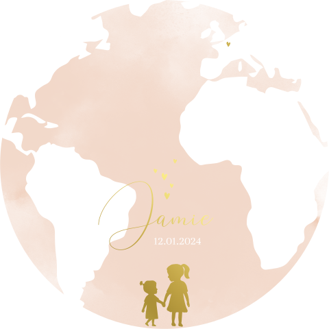 Geboortekaartje cirkel wereldbol voor meisje met goudfolie silhouet