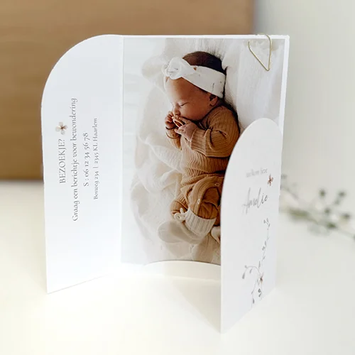 geboortekaartje voor een meisje in een originele vorm met tekst inspiratie en babyfoto
