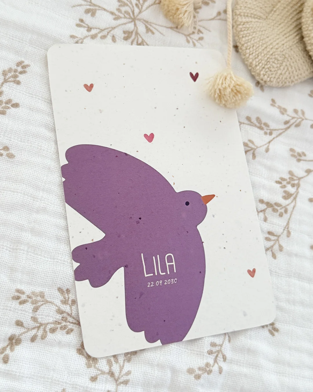 geboortekaartje meisje met lila vogel kleurrijk